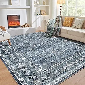 OPPODREAM Vintage Blue Area Rugs 6x9, 6 x 9 Retro Washable Rug Non Slip, Low-Pile Faux Wool Carpet, Soft Distressed Navy Floor M