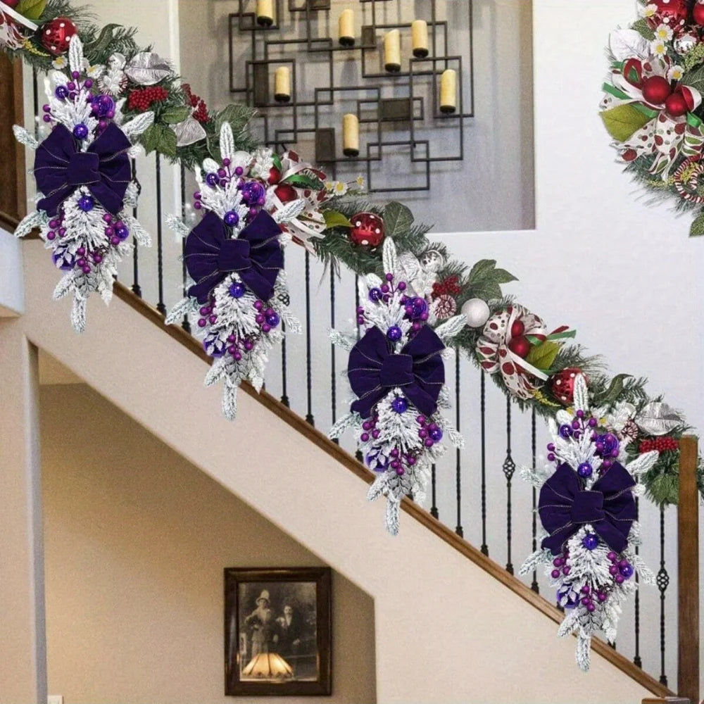 6Pcs Pre-Lit Stairway Christmas Swags Christmas Staircase Decorations Artificial Stairs Christmas Garland with Lights