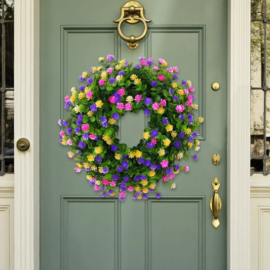 Artificial Wreath Hanging Decor Spring Front Door Wreath Simulation Handmade Colorful Floral Garland Window Decoration