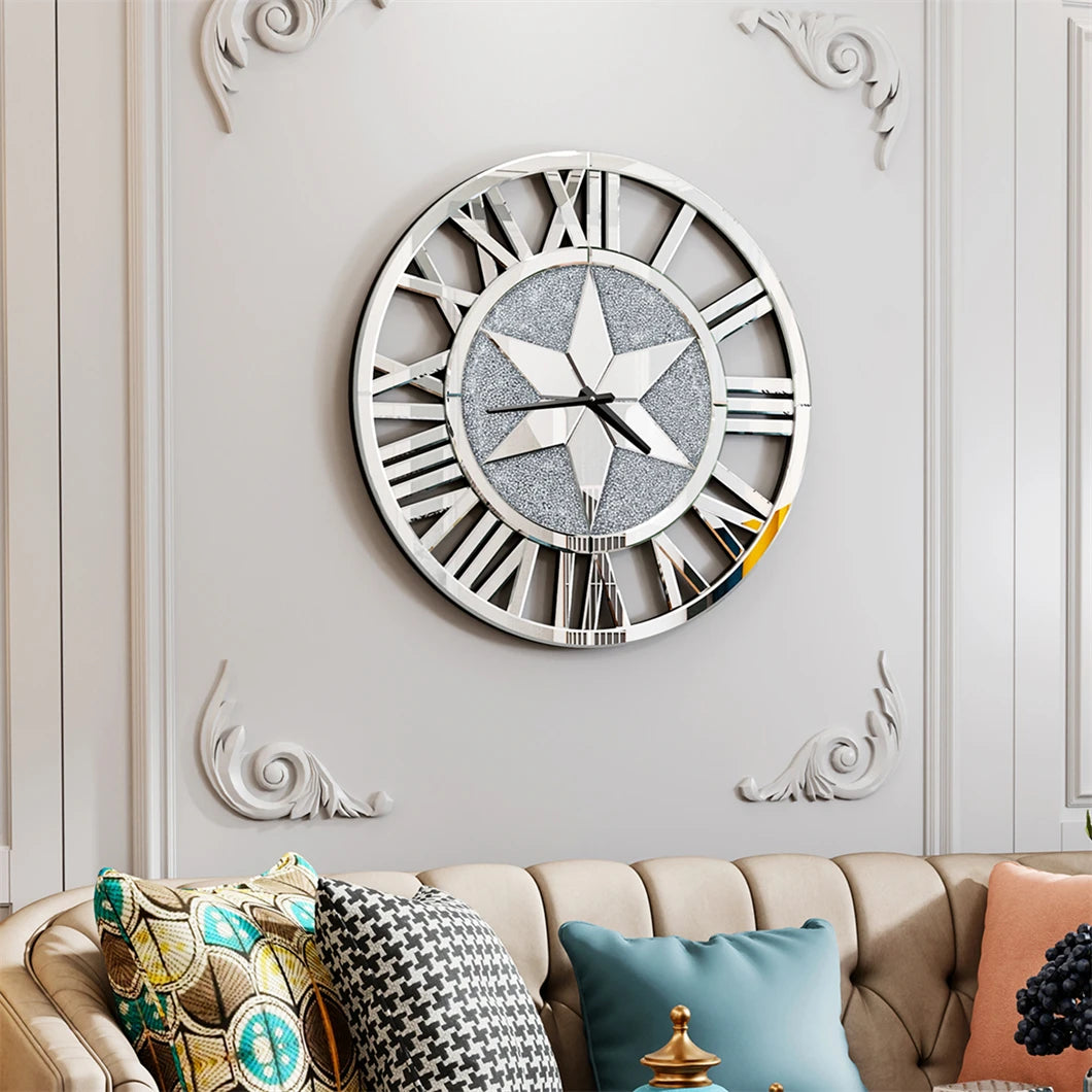 Large Mirrored Wall Clock 60CM Round Stunning Beveled Roman Numeral Skeleton Clock Family Living Room Fireplace Decor