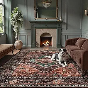8x10 Ultra-Thin Living Room Rug (Non-Slip Washable Non-Shedding) Oriental Vintage Distressed Carpet for Dining, Bedroom, Office