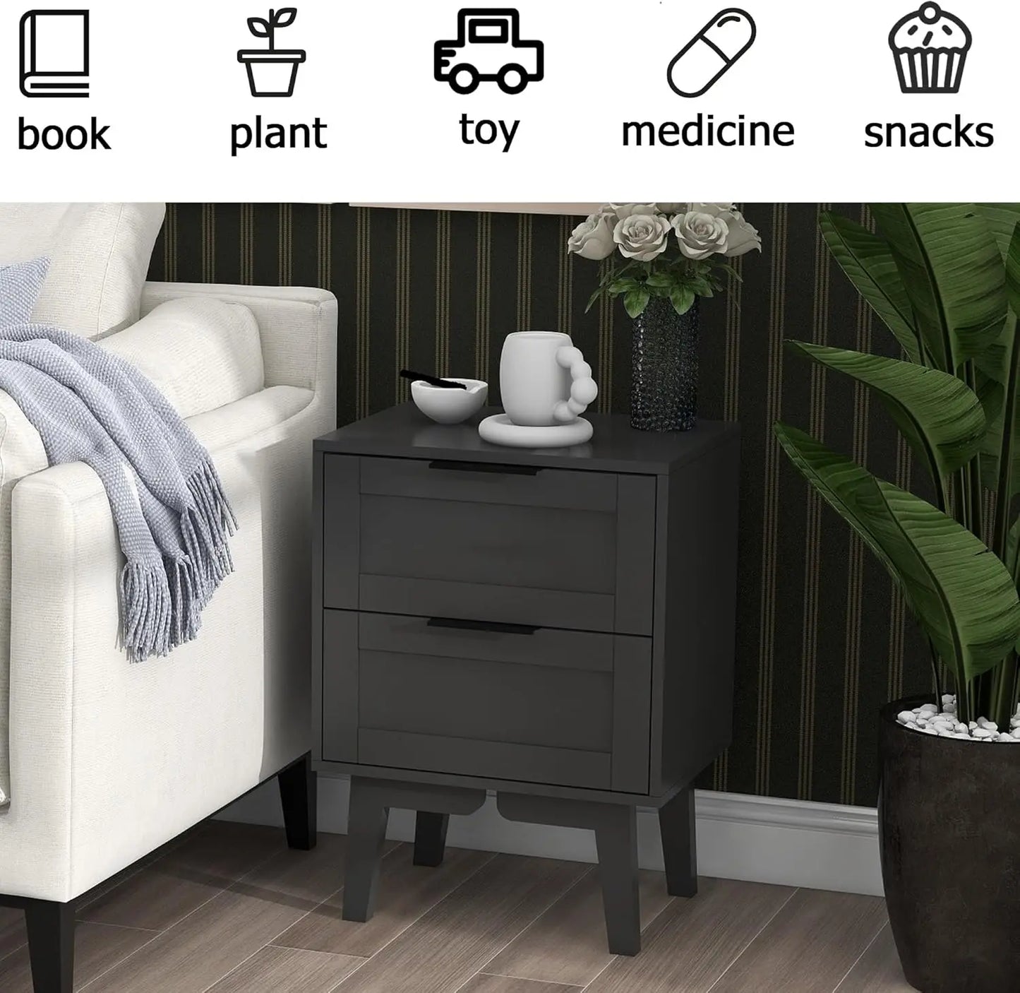 Modern Black Night Stand with Drawer Mid Century Wooden Nightstand Bedside Table End Table with Storage for Bedroom