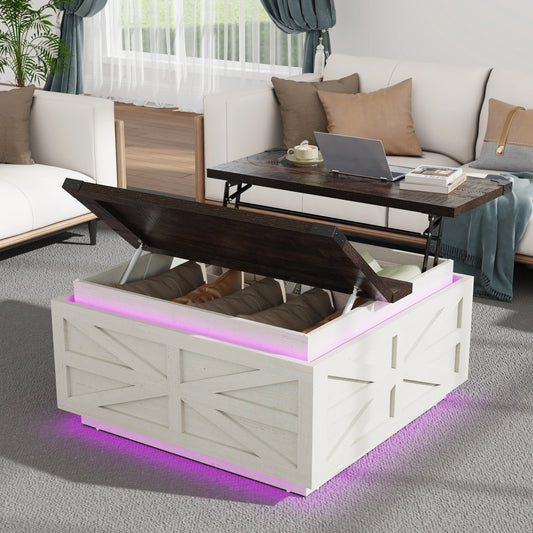 35.8" Farmhouse Lift Top Coffee Table with Storage, Square Coffee Table with LED Lights, Wood Center Table with Hidden Storage