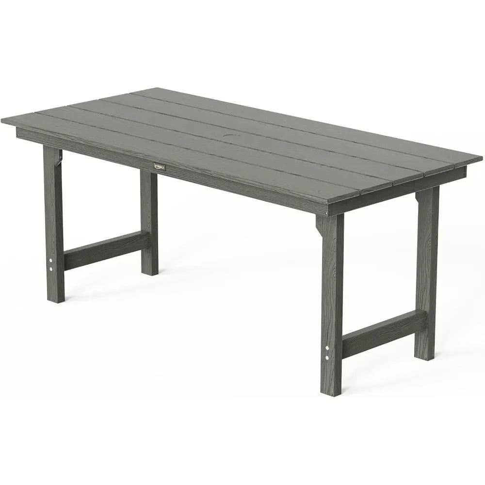 6-Person Outdoor Dining Table, HDPE All-Weather Rectangle Patio Dining Table with Umbrella Hole, Outdoor Patio Table for Deck