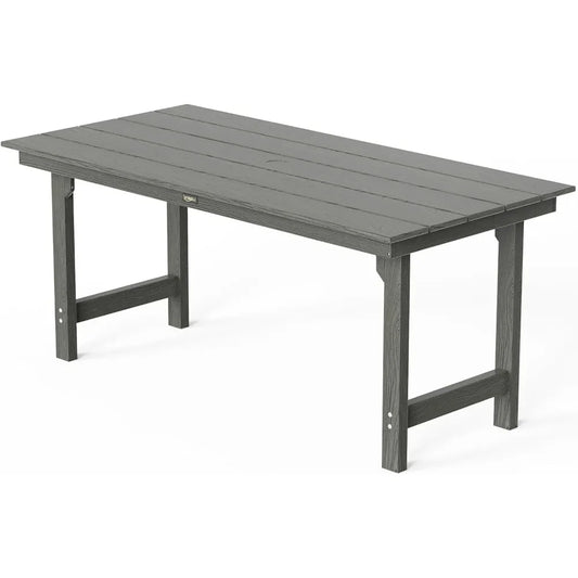 6-Person Outdoor Dining Table, HDPE All-Weather Rectangle Patio Dining Table with Umbrella Hole, Outdoor Patio Table for Deck