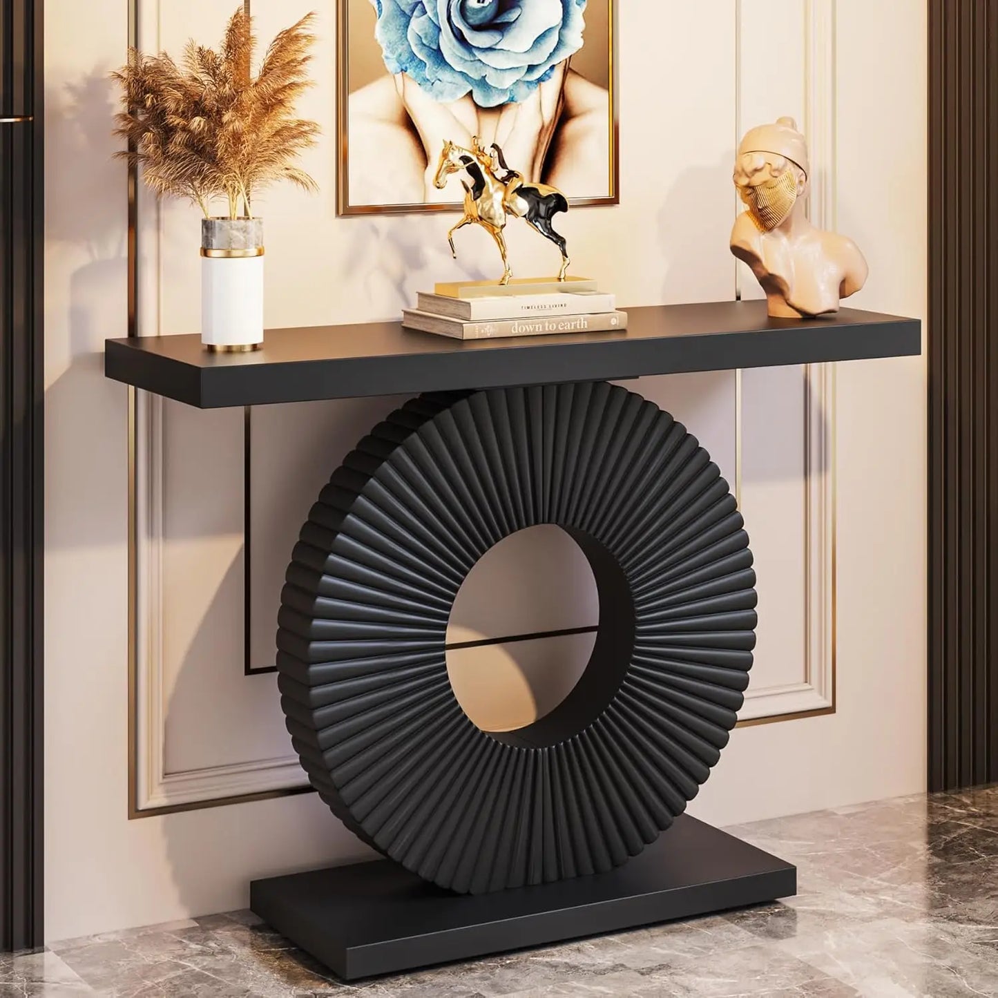 LITTLE TREE Modern Console Table with Geometric Base, 40 inch Wood Entryway Table,Accent Table for Living Room, Entryway (Black and  White)