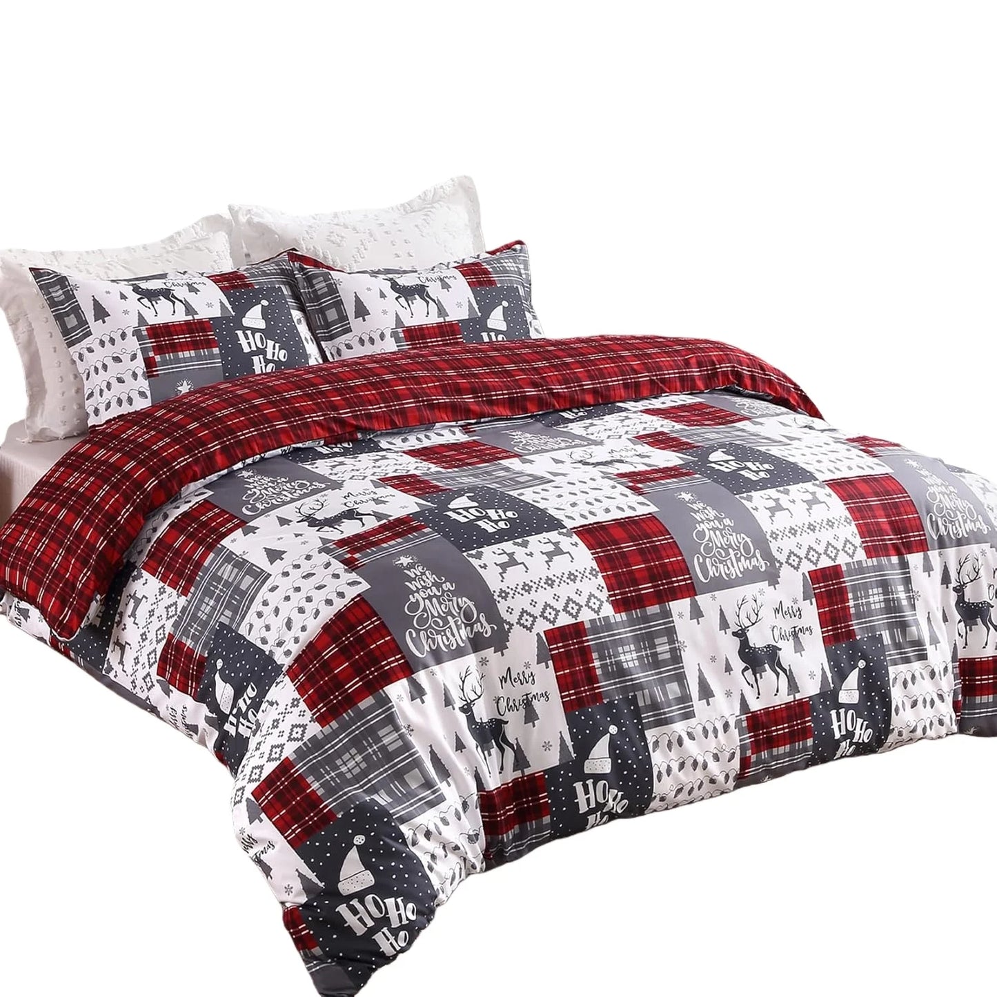 Christmas Plaid Duvet Cover Queen King Soft Microfiber Red Duvet Covers Reversible Printed Comforter Cover Set Holiday Decor