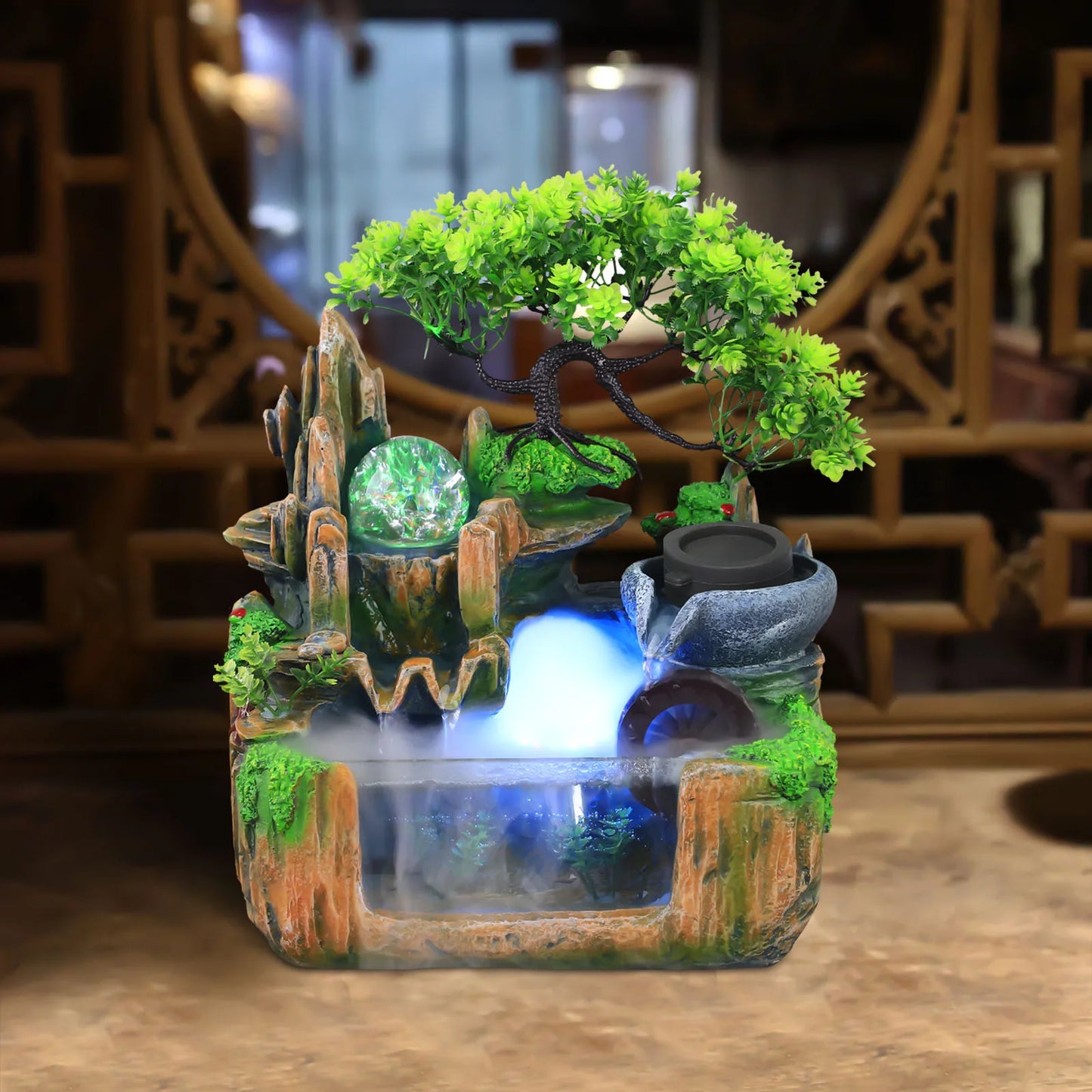 Small Rockery Water Fountain with LED Light & Mist Effect, Elegant Indoor Tabletop Decor for Home, Office, Living Room, Bedroom