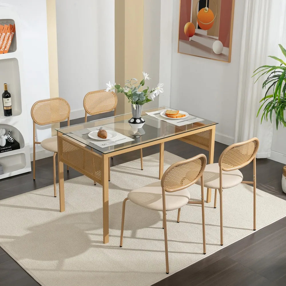 5PC Boho Dining Set,Glass Table & 4 Chair w/Rattan,Metal Leg Kitchen Living Room