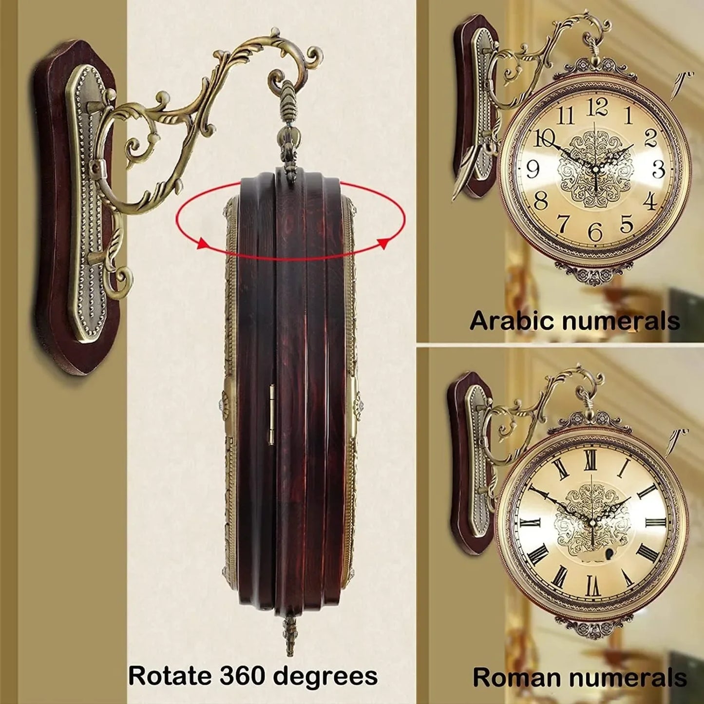 Large Wall Clock Double Sided, European Style Alloy Wall Clock Non Ticking Silent Clock for Indoor, Office, Living Room