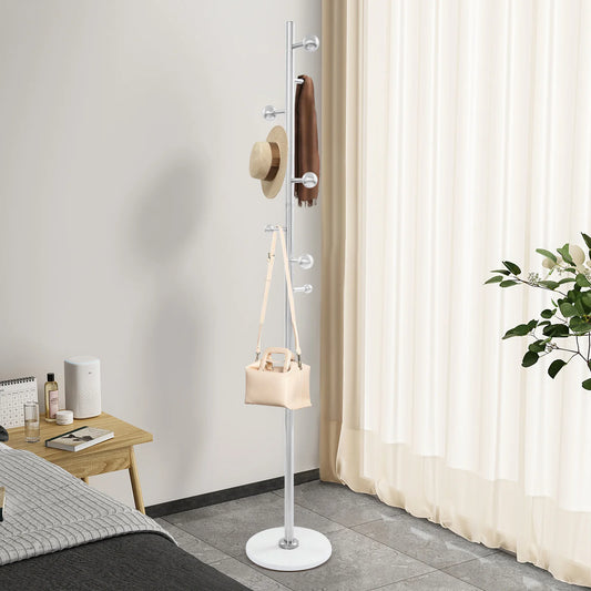 Modern 8-Hook Coat Stand Rock Base Free-Standing Organizer for Hats/Scarves/Bags for Hallway/Bedroom Organization