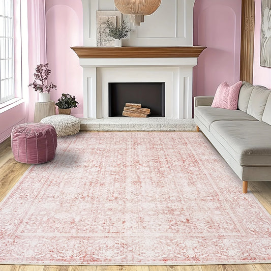Gnizama pink floral full wall living room large area rug, washable vintage floral living room rug, bedroom large area rug (Multiple sizes)