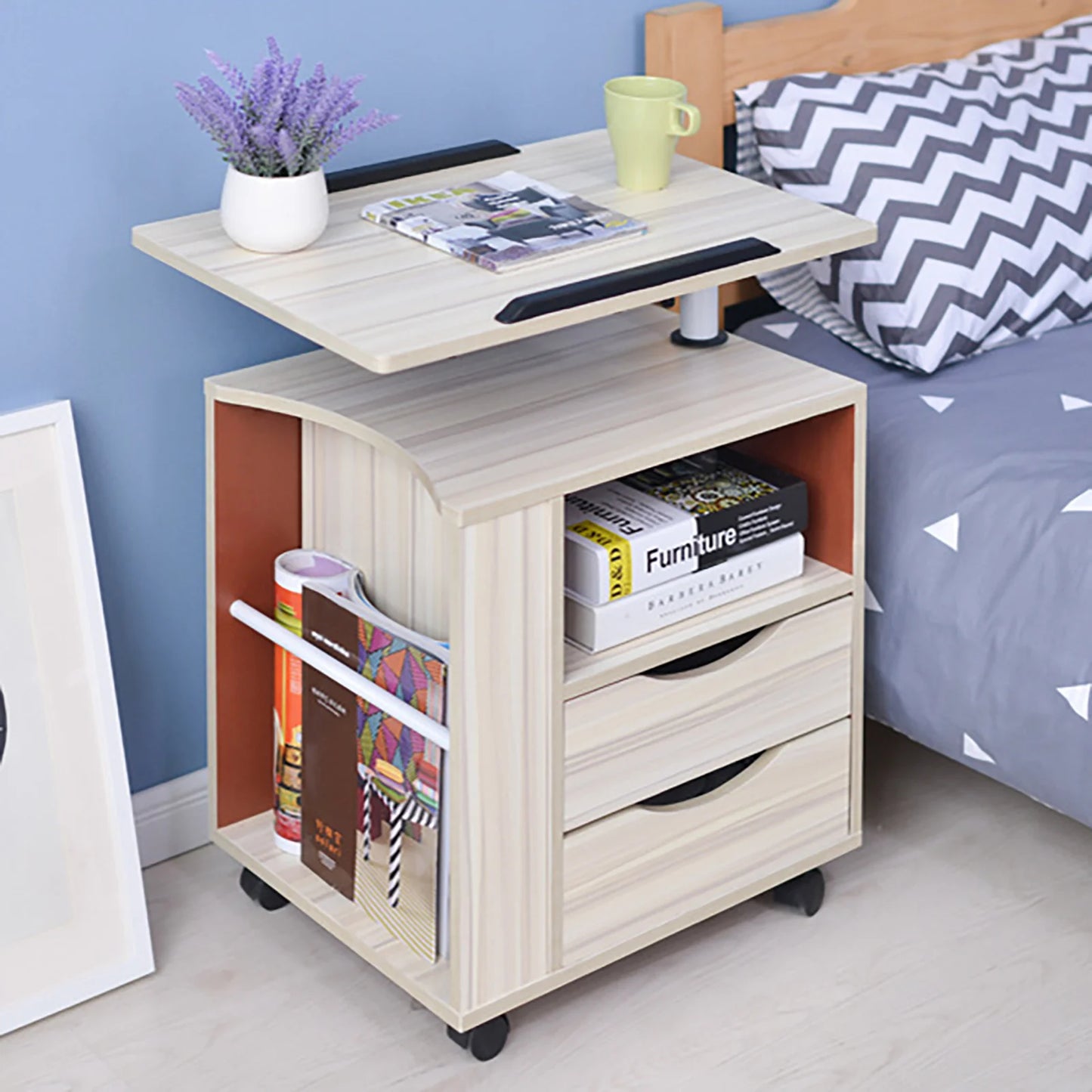 End Tables with Storage – Movable Lockable Nightstand with 2 Drawers and Wheels for Bedroom or Living Room