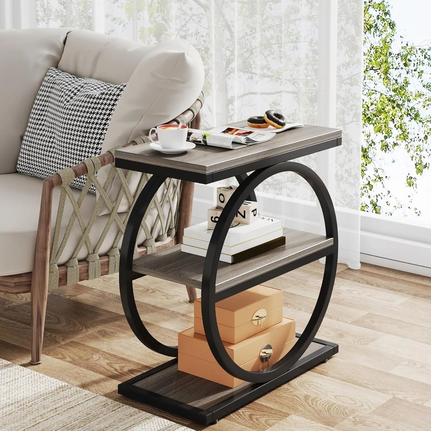 End Table with 3 Storage Shelves, Industrial Small Sofa Side Table, Slim Nightstand and Bedside Table (Grey and Brown)