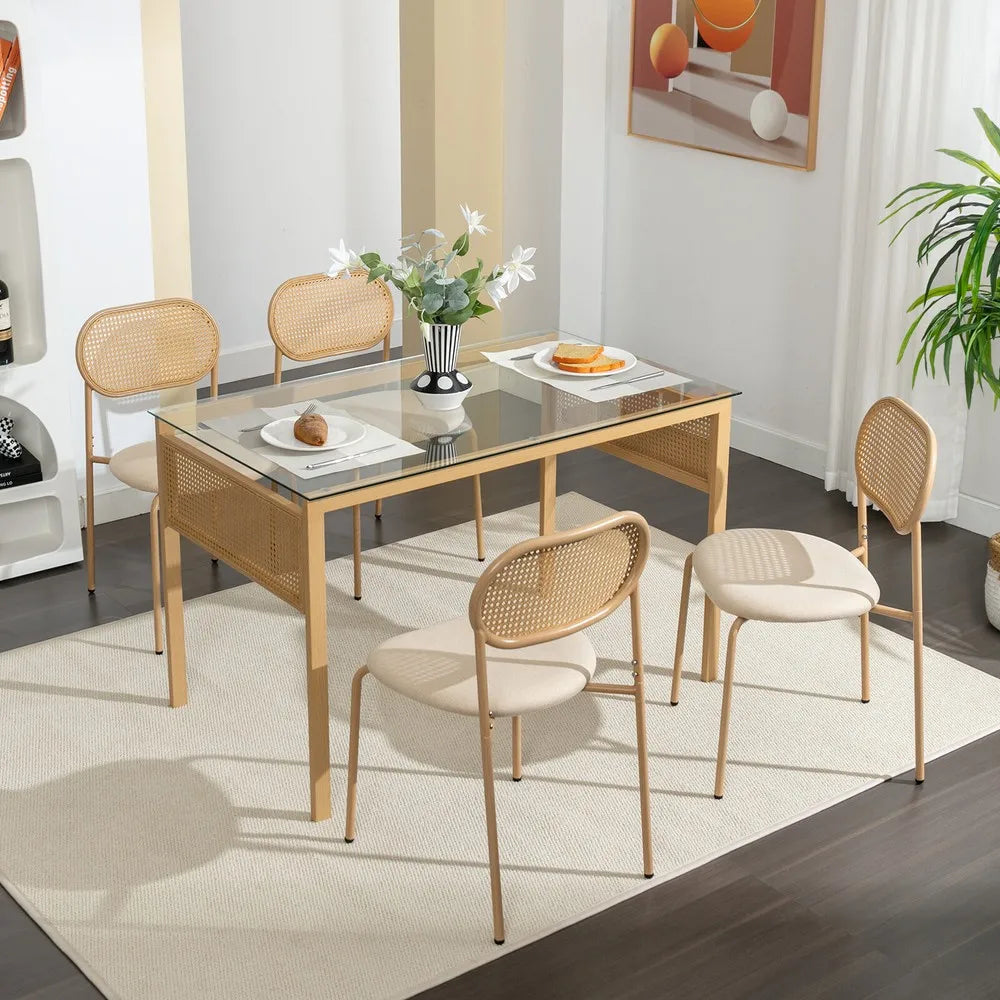 5PC Boho Dining Set,Glass Table & 4 Chair w/Rattan,Metal Leg Kitchen Living Room