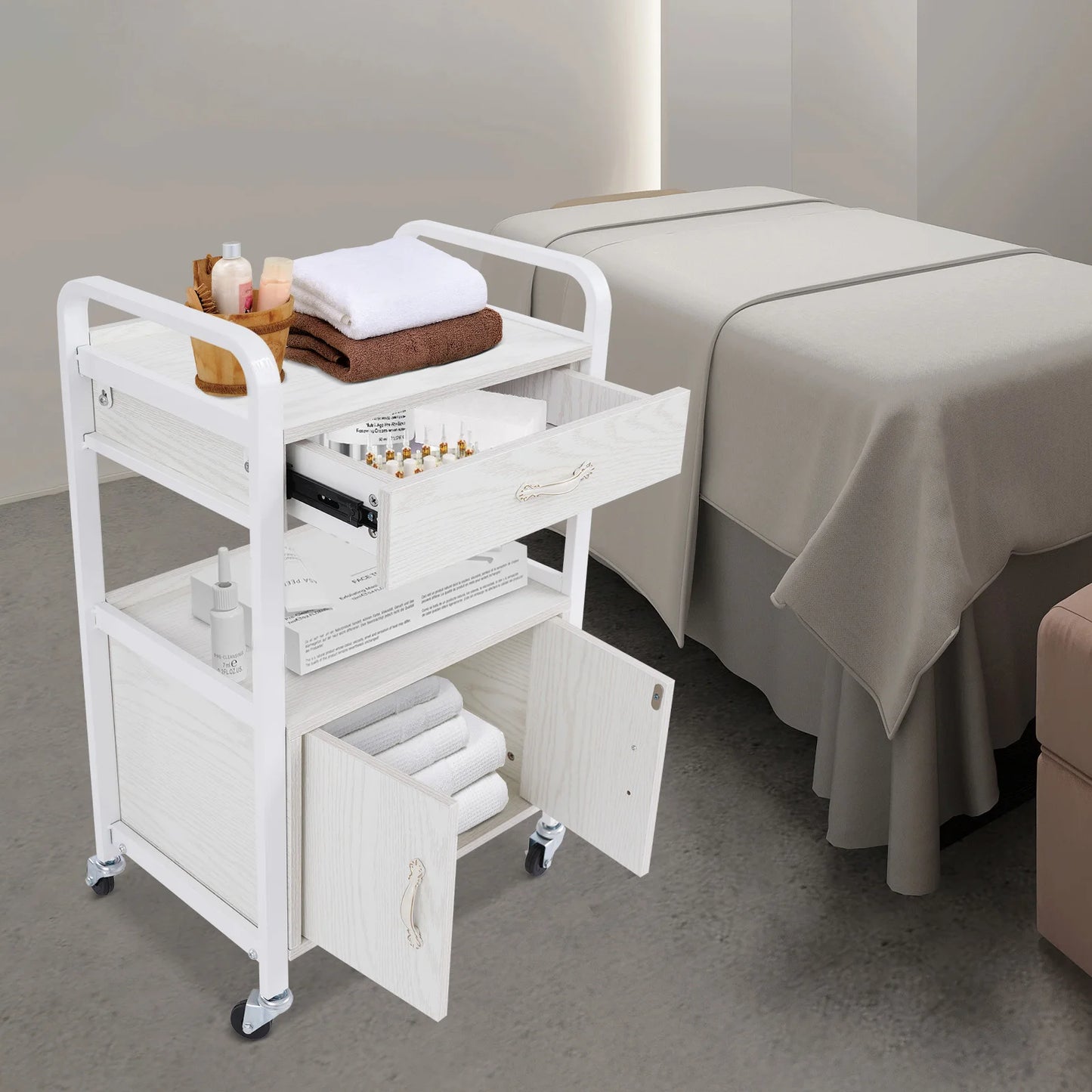 Salon High-density Wood Panels Storage Cart,White Rectangle Free Standing Movable Beauty Organizer