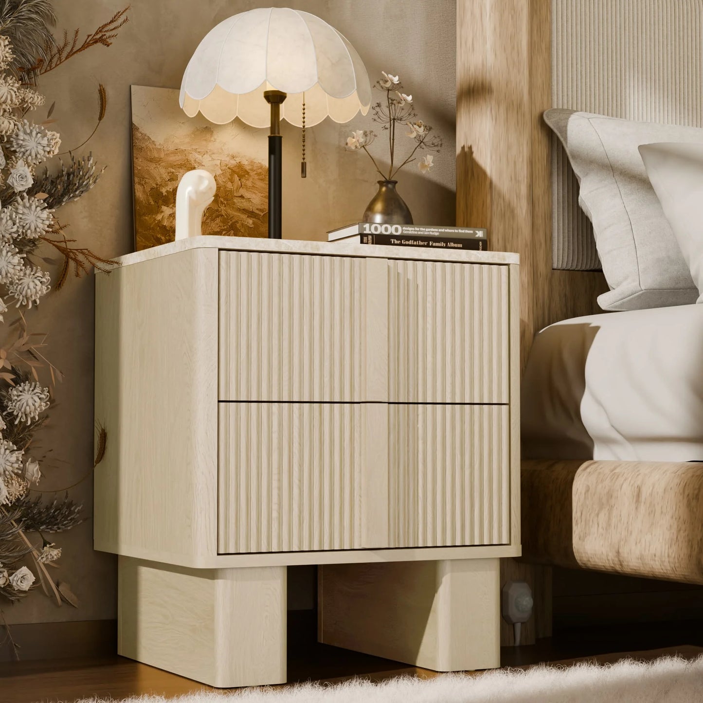 GEGOFORU Set of 2 Fluted Nightstands w/ Charging, 2-Drawer End Tables w/ Reinforced Legs, Whitewashed Oak for Bedroom