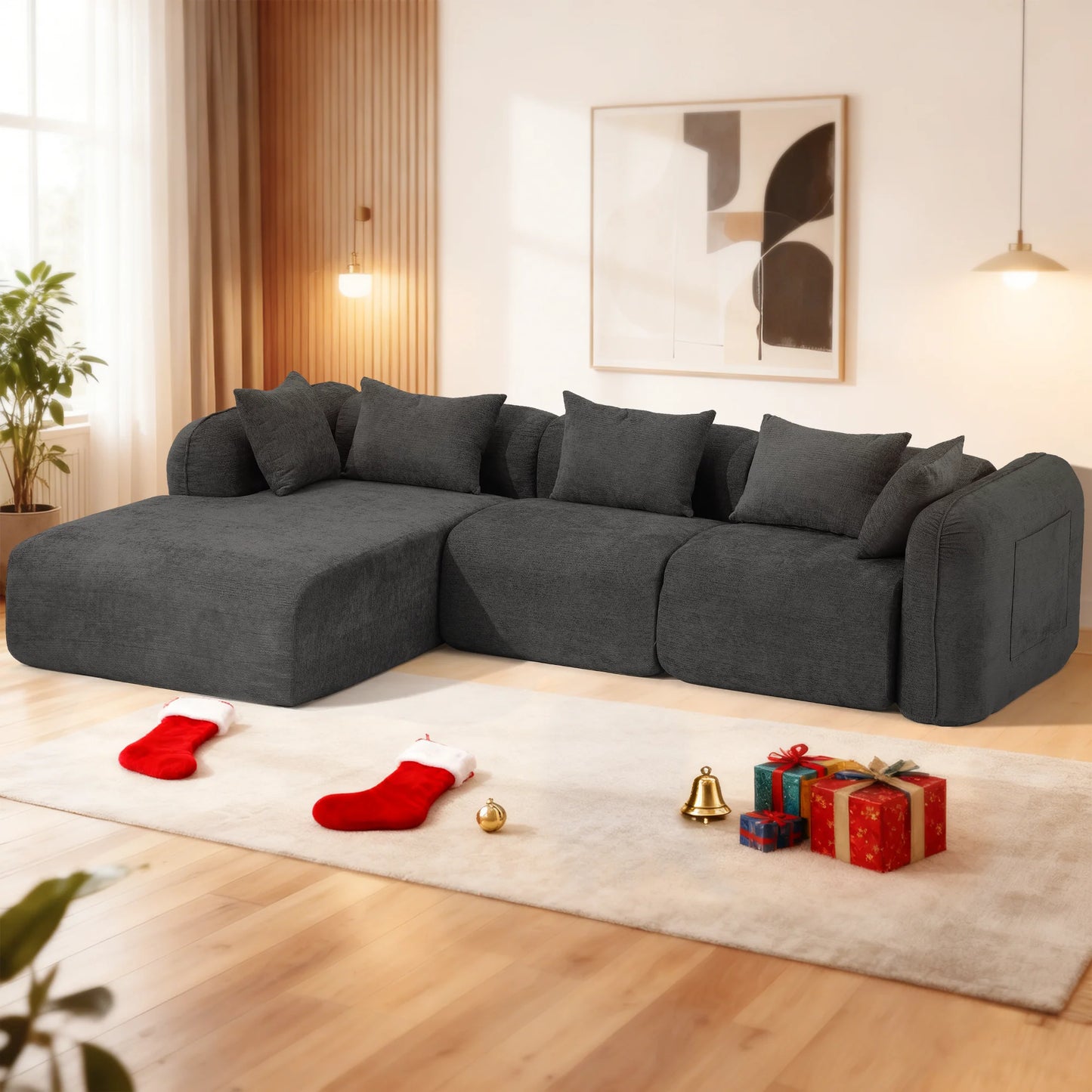 Redlife Sherpa Modular Cloud Sofa | Beige Fluffy Sherpa Deep Seat No-Assembly Sectional Couch for Small Living Room (Multiple colors)