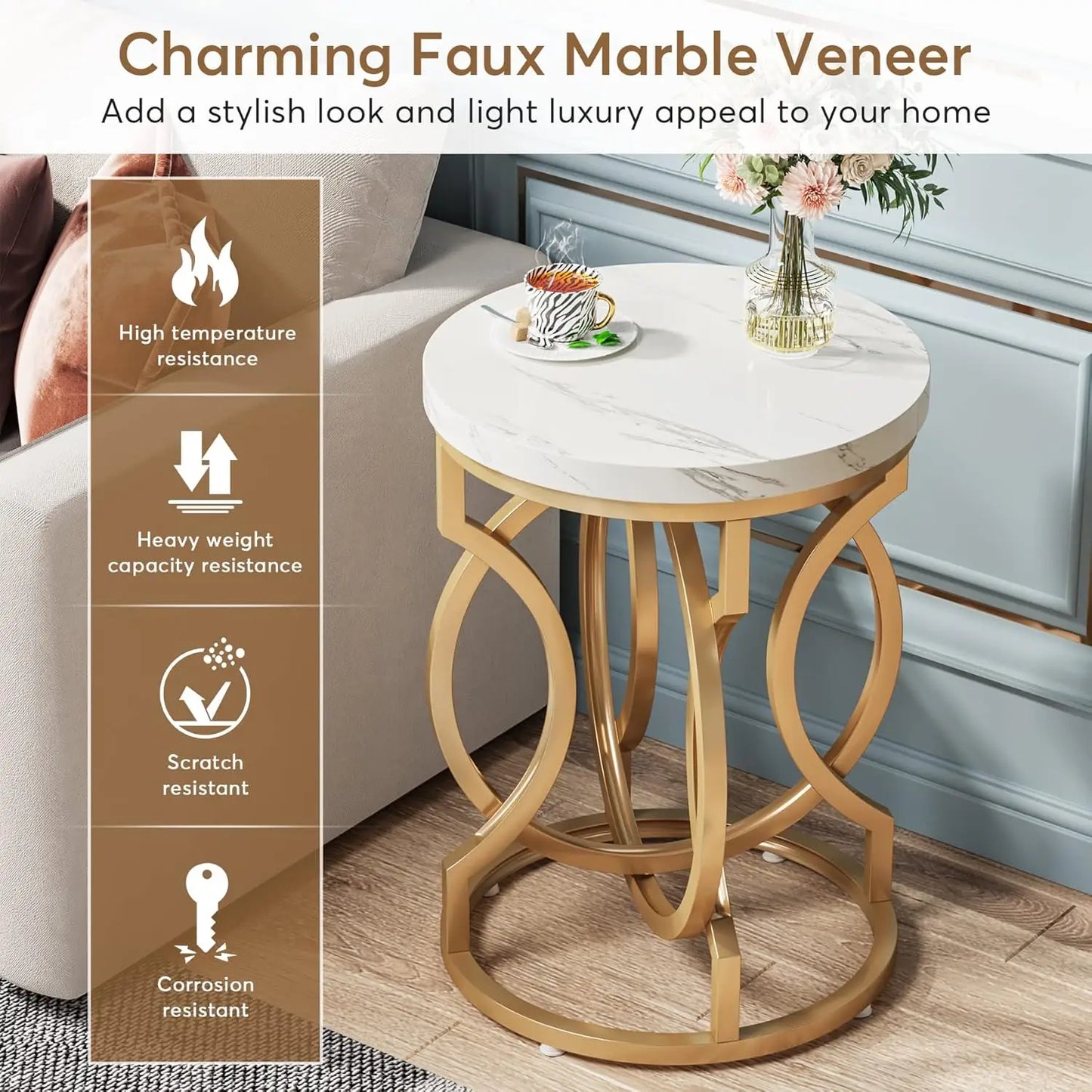 Round End Table - Multifunctional Accent Side Table, Modern White Gold Nightstand With Faux Marble Tabletop, Bedside for Bedroom