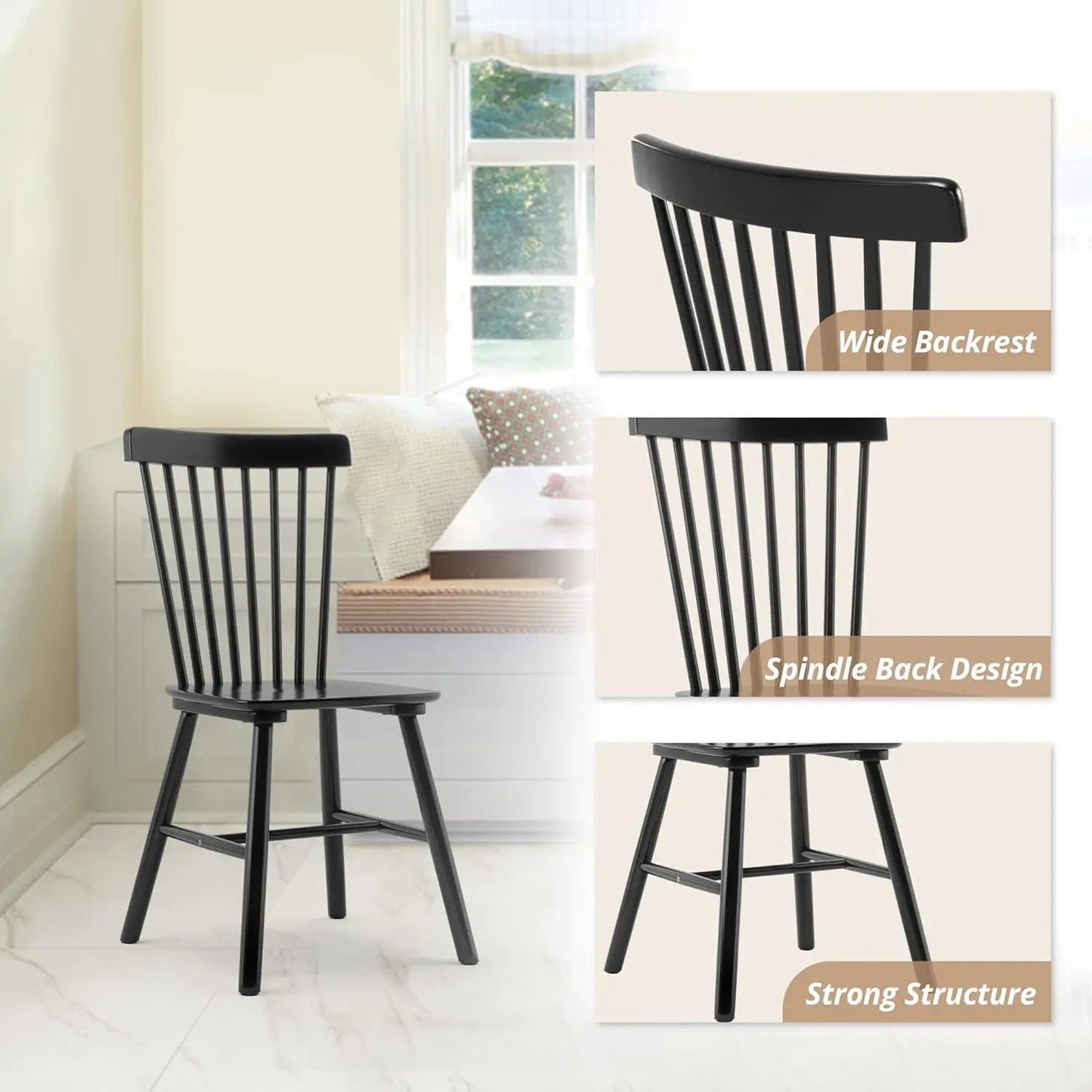 Windsor Dining Chair Set of 4, Spindle Back Wooden Chairs for Kitchen and Dining Room, Black