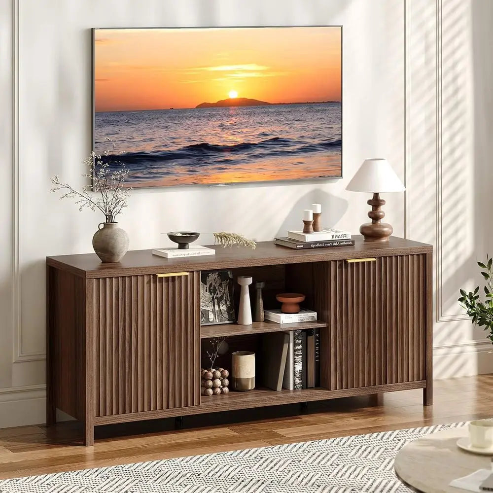Walnut Entertainment Center, 57.8-70 TV Stand with Adjustable Shelves and Cabinet Storage