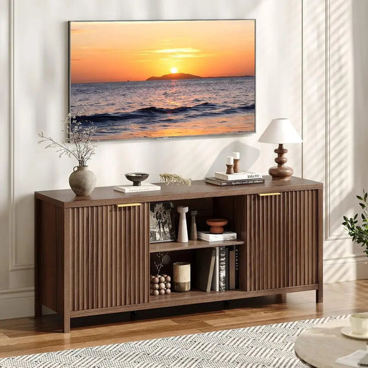 Walnut Entertainment Center, 57.8-70 TV Stand with Adjustable Shelves and Cabinet Storage