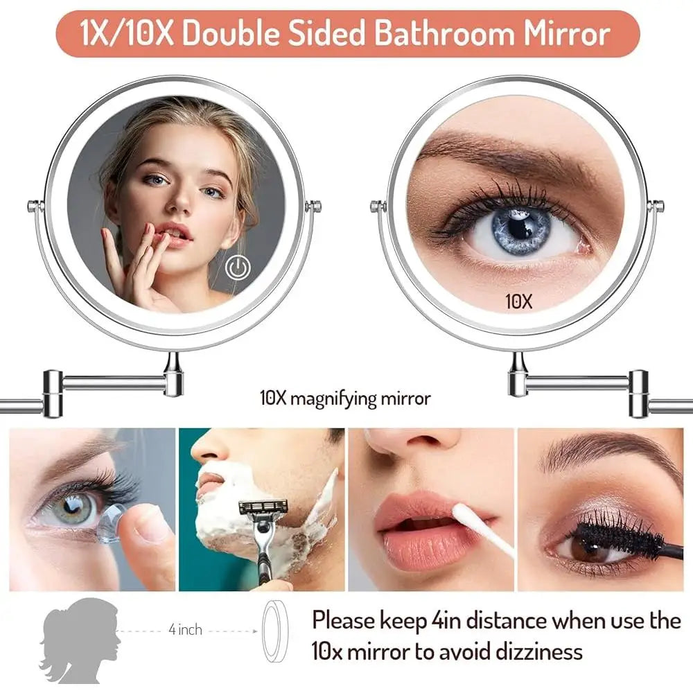 Rechargeable Wall Mounted  Makeup Mirror 8 inch Double-Sided 1X 10X Magnification 3 Color Light Modes Adjustable Brightness