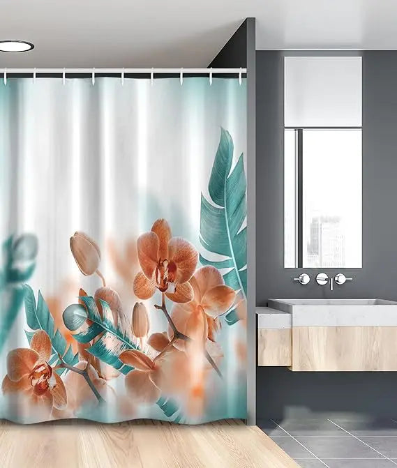 tropical shower curtain: orchid blooms and lush leaves on a soft blurry background, modern floral art design