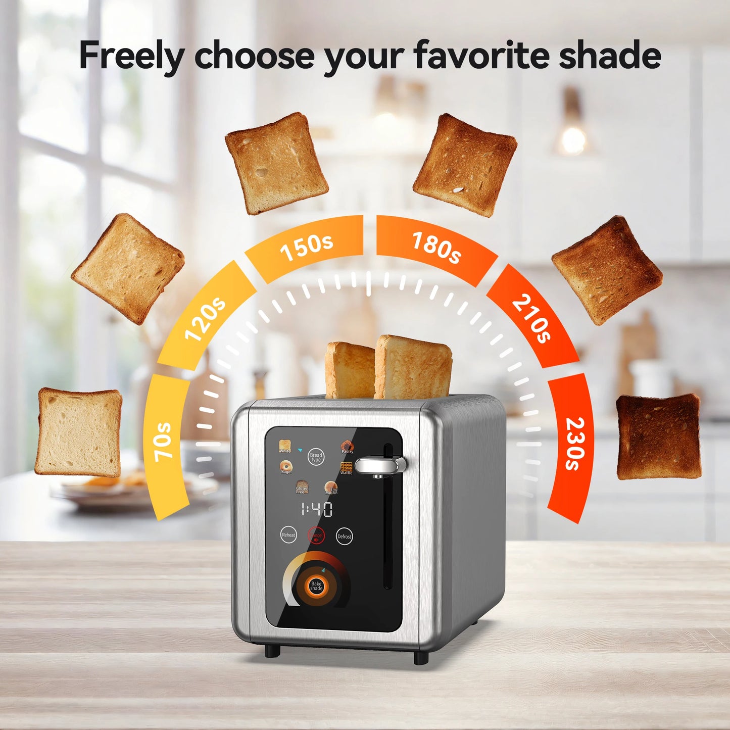 WHALL 2 Slice Toaster, Touchscreen Toasters with Stainless Steel, Wide Slots, Bagel, Defrost, 850W