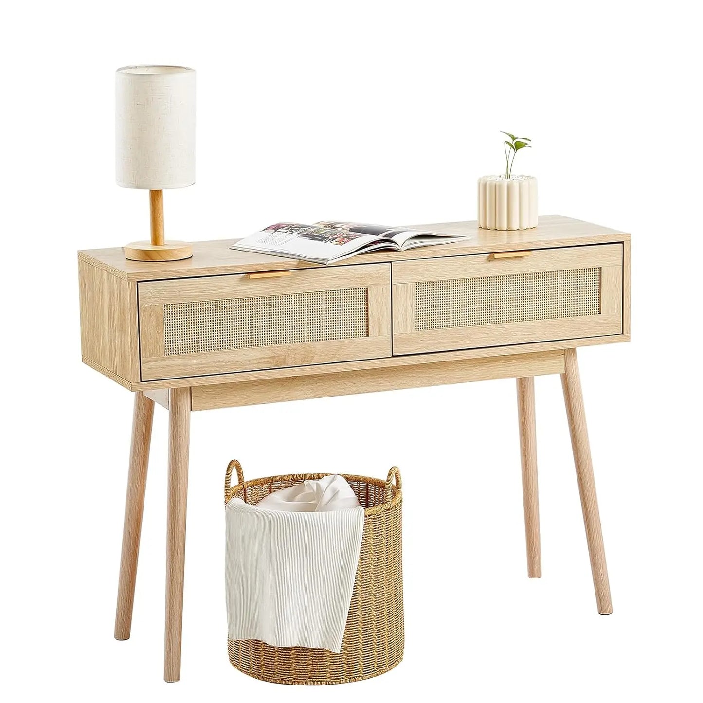 Natural Rattan Console Table with 2 Drawers & Sliding Door for Living Room Entryway TV Wall 47in Customized