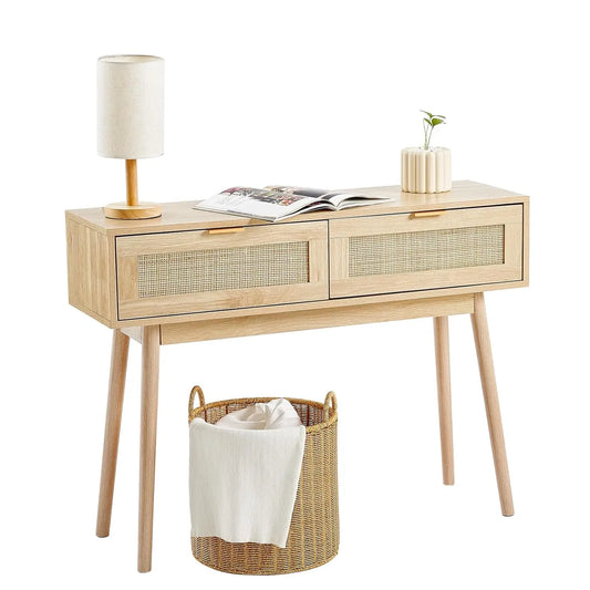 Natural Rattan Console Table with 2 Drawers & Sliding Door for Living Room Entryway TV Wall 47in Customized