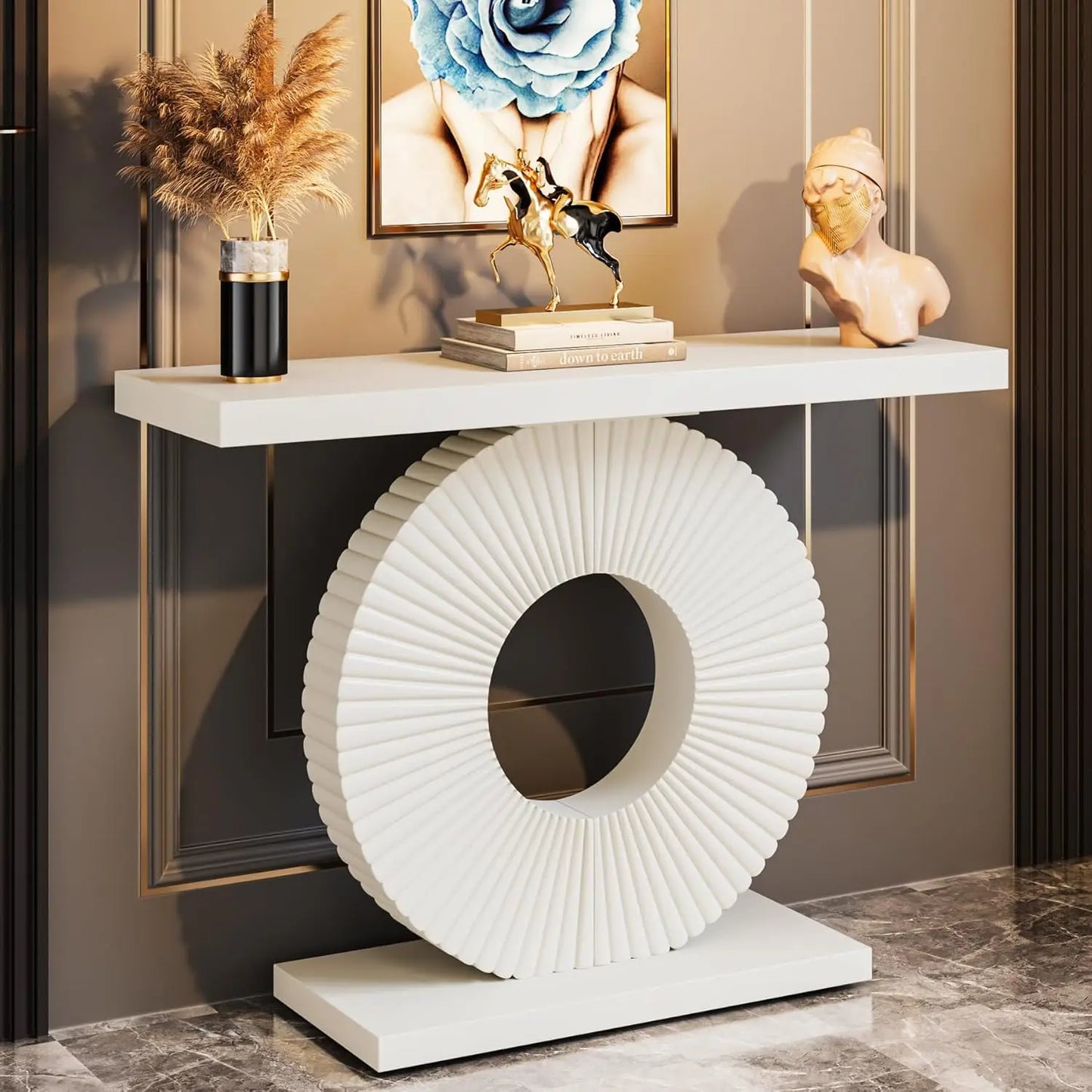 LITTLE TREE Modern Console Table with Geometric Base, 40 inch Wood Entryway Table,Accent Table for Living Room, Entryway (Black and  White)