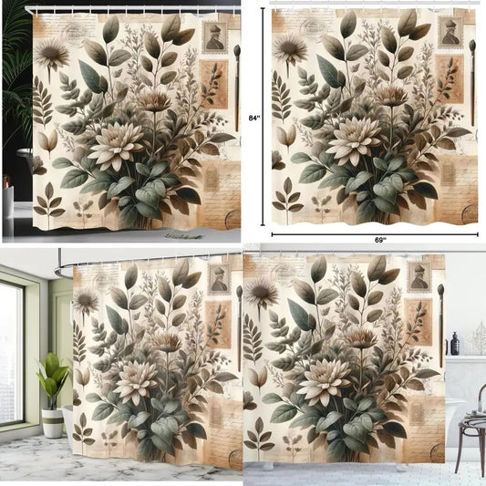 vintage leafy boho shower curtain with peony flowers on neutral cloth fabric for bathroom decor