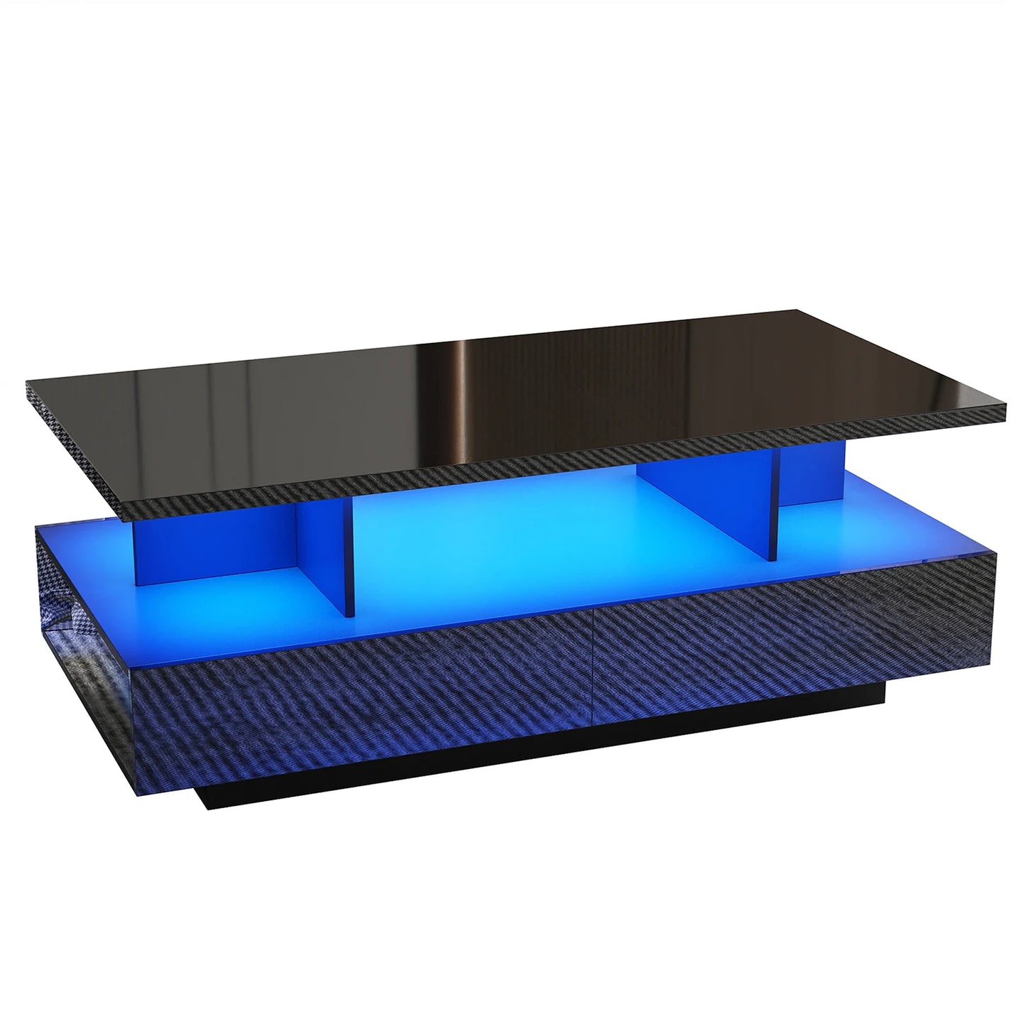 43 Inch LED Coffee Table w/2 Storage Drawers, Modern High Gloss Coffee Table w/Display Shelf, Rectangle 2-Tier Center Table (Multiple colors)