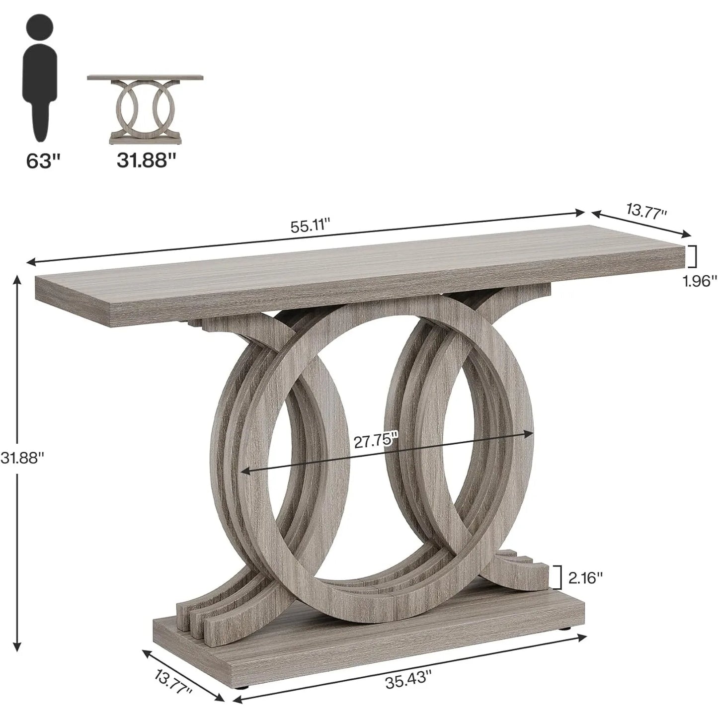 55-Inch Console Table with Geometric Wood Base,Modern Entryway Table with Thick Tabletop for Living Room, Hallway, Foyer (Gray)(Multiple colors)
