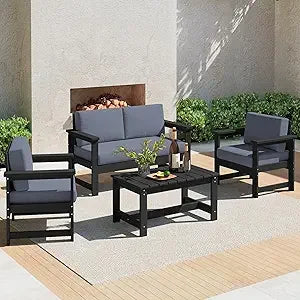 4 Pieces HDPE Outdoor Sofa Set with Cushions, All Weather Use Loveseat Furniture, Outdoor Conversation Couch Set with Coffee Table