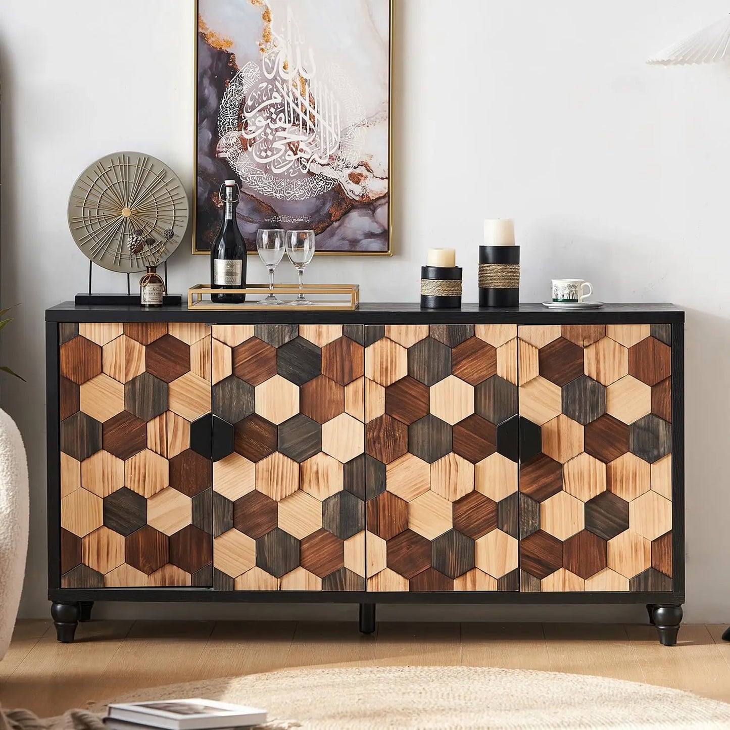Sideboard Buffet Cabinet with Storage,60" Modern Decorative Accent Cabinet with Sunburst Pattern,Wood Credenza.
