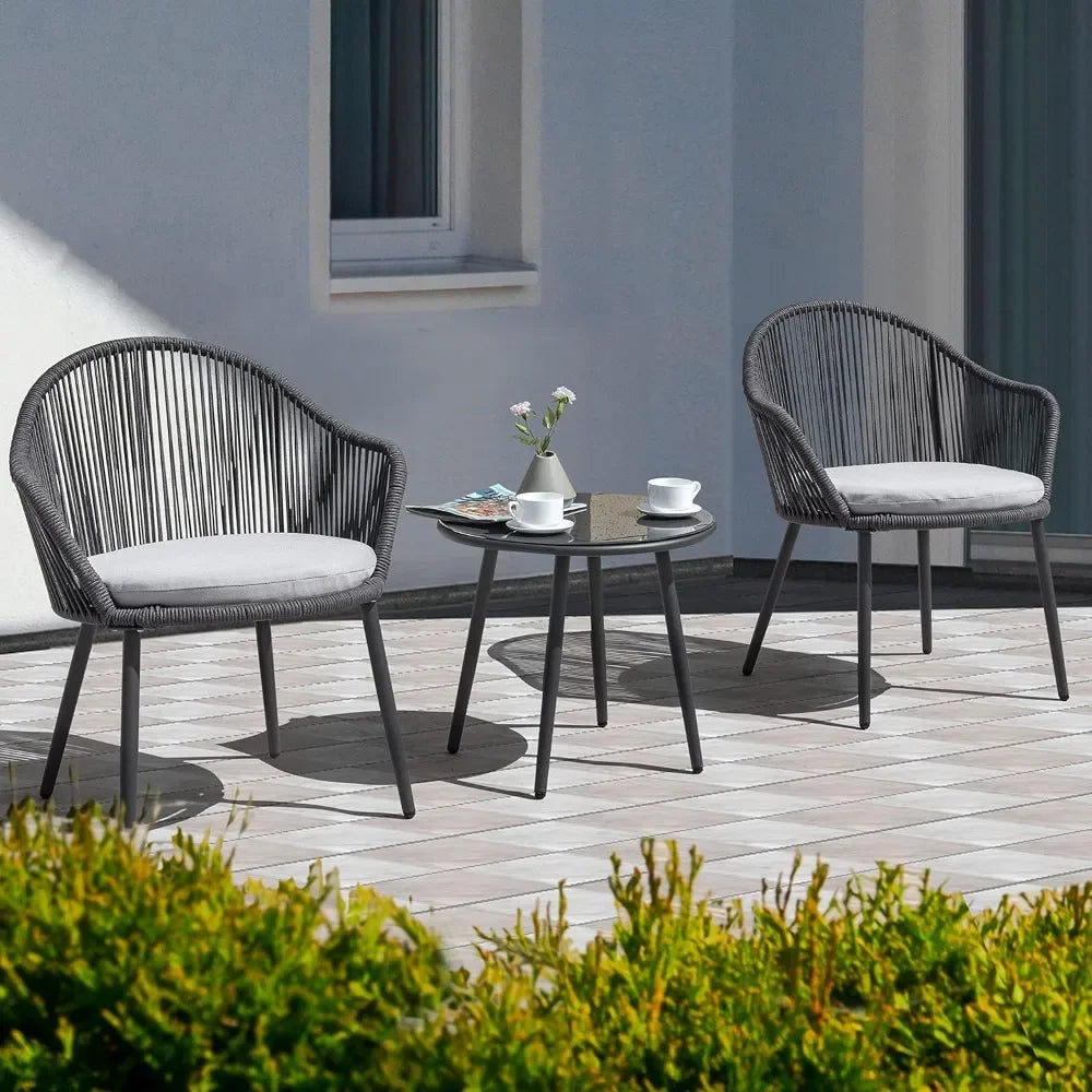 3 Piece Outdoor Bistro Set, Woven Rope Conversation Patio Set, All Weather Patio Furniture Chairs and Table with Cushions (Multiple colors)