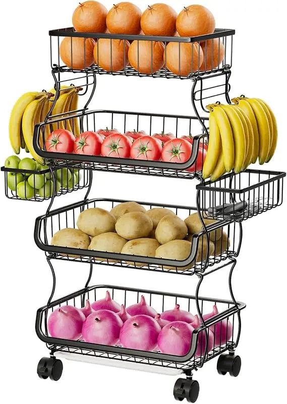 4 Tier Rolling Cart, Stackable Fruit Vegetable Basket with Wheels and 2 Hanging Basket, Kitchen Storage Metal Wire Basket Stand