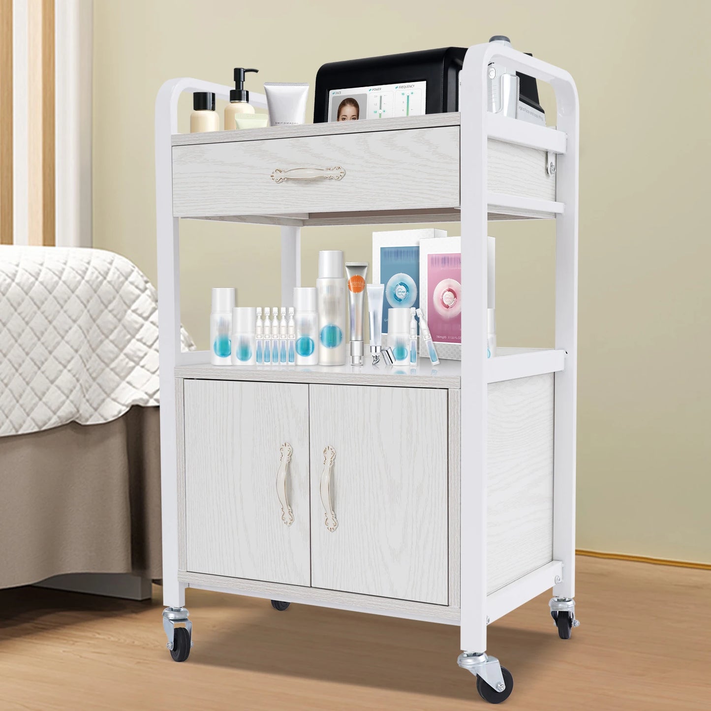 Salon High-density Wood Panels Storage Cart,White Rectangle Free Standing Movable Beauty Organizer