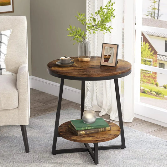 Tribesigns End Table, 2 Tier Round Side Table with Storage Shelf, Industrial Nightstand Bedside Table Coffee Accent Table