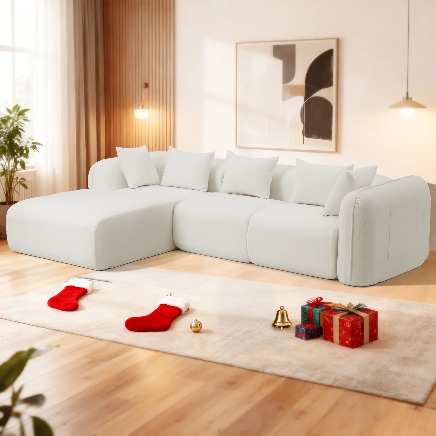 Redlife Sherpa Modular Cloud Sofa | Beige Fluffy Sherpa Deep Seat No-Assembly Sectional Couch for Small Living Room (Multiple colors)