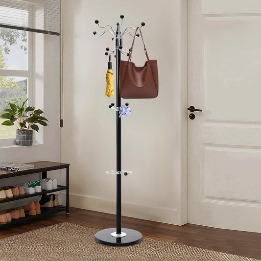 4 Tier Freestanding Clothes Rack with 16 Hooks Metal Coat Rack with Marble Base Height 170cm Coat Stand For Home Office Entrance