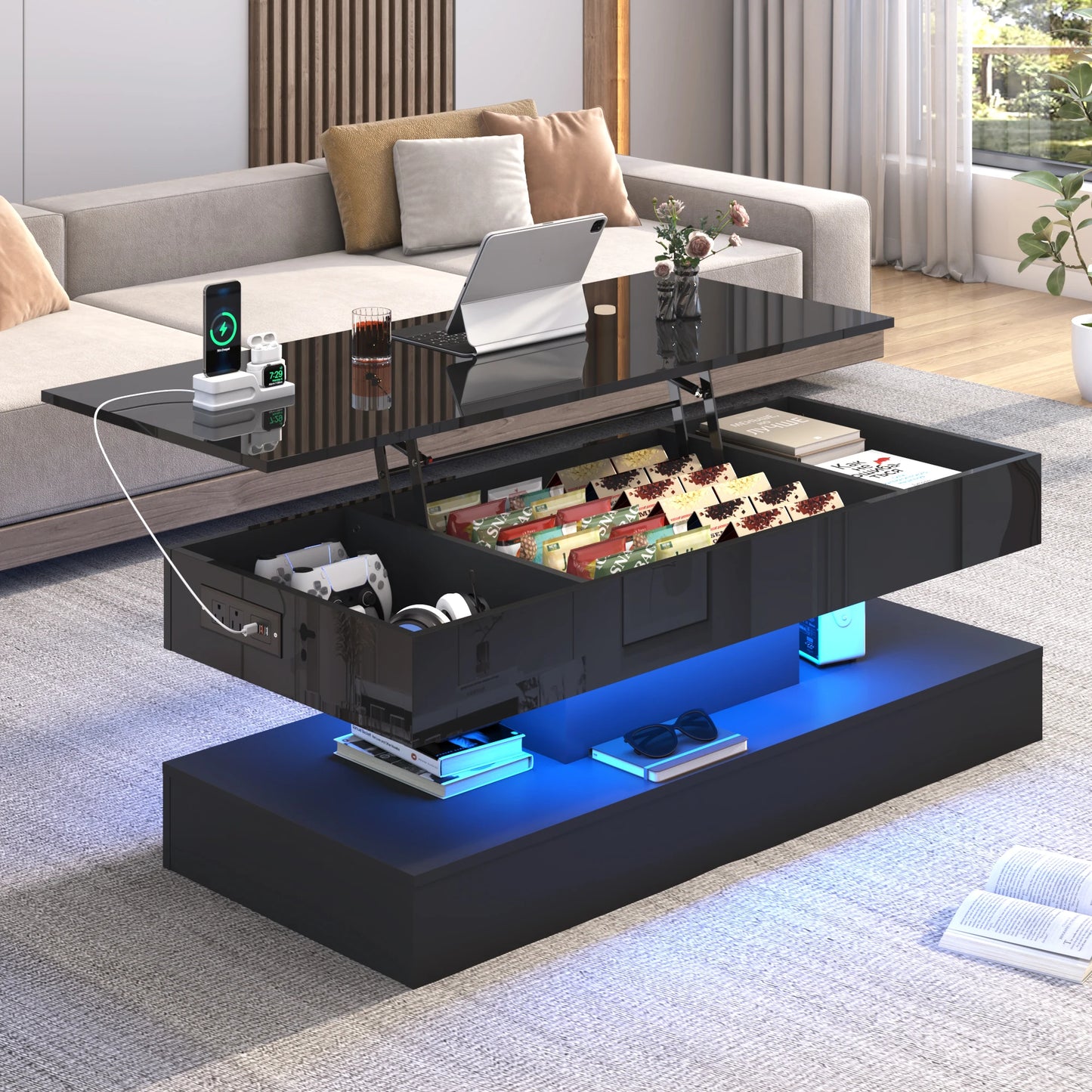 High Glossy LED Coffee Tables for Living Room, Center Table with Open Display Shelf & Large Storage Space, White Coffee Table (Multiple colors)