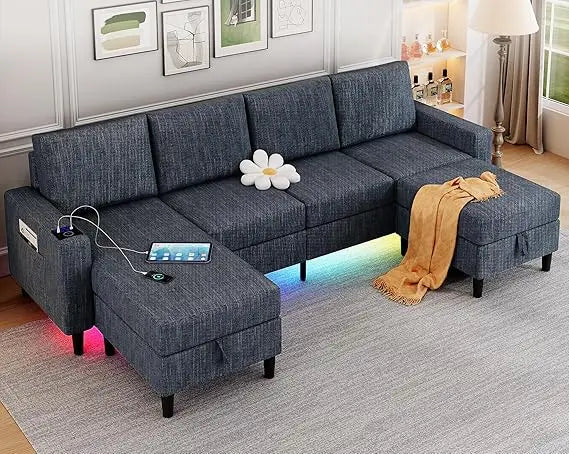 Sectional Couches for Living Room, 4 Seat Linen Sectional Sofa with Reversible Chaise Lounge/Storage Ottoman, U Shaped Couch