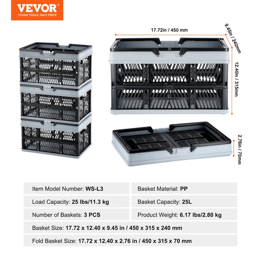 SucceBuy 3pcs Foldable Storage Basket Collapsible Shopping Crate with Handle for Kitchen Grocery Room Desktop Organization (2 Sizes)