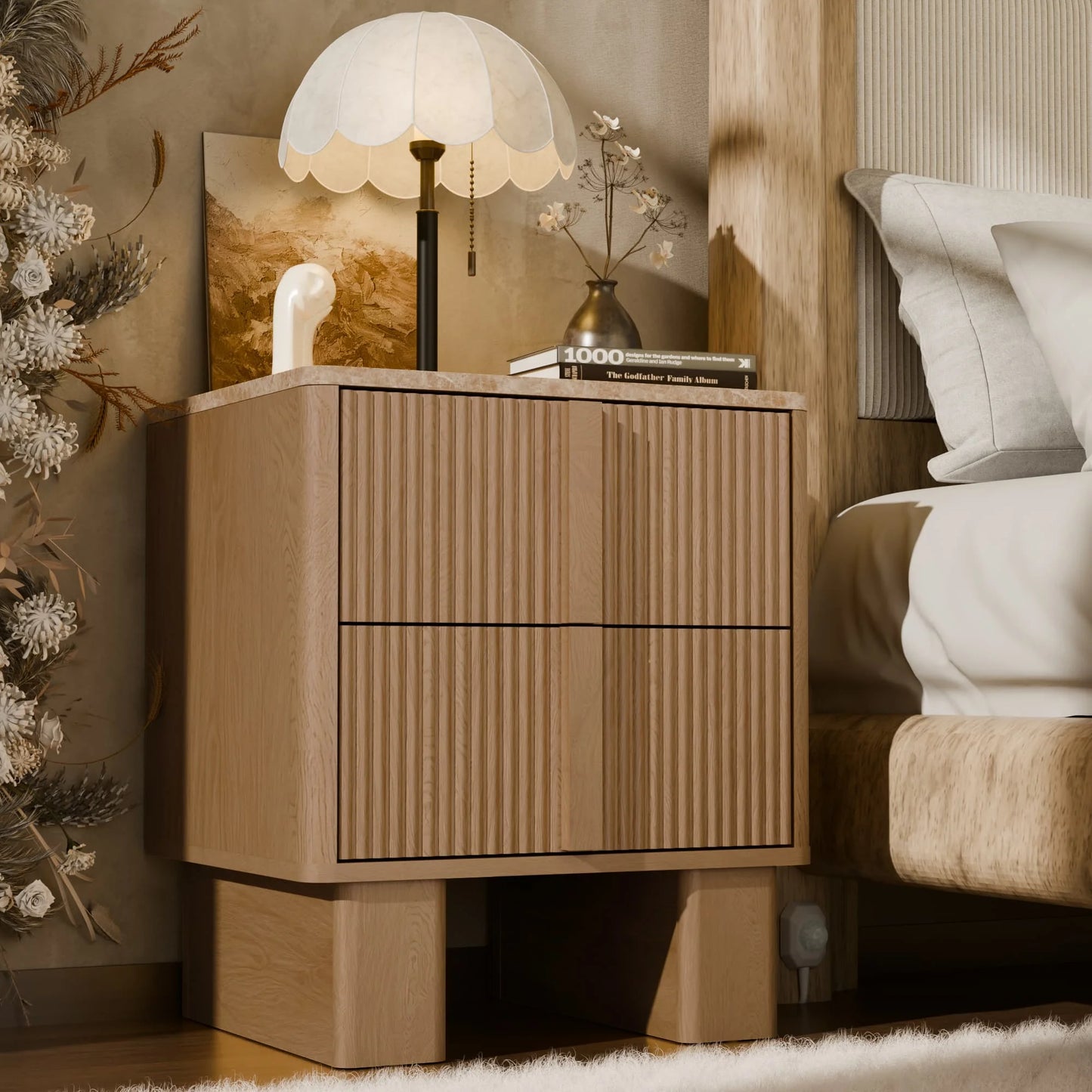 GEGOFORU Set of 2 Fluted Nightstands w/ Charging, 2-Drawer End Tables w/ Reinforced Legs, Whitewashed Oak for Bedroom