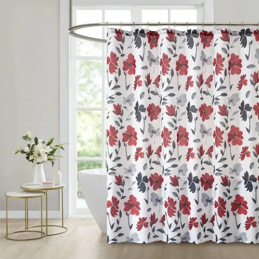 Black, red and gray floral shower curtain, 72" X 72" with durable polyester construction for long-lasting durability.