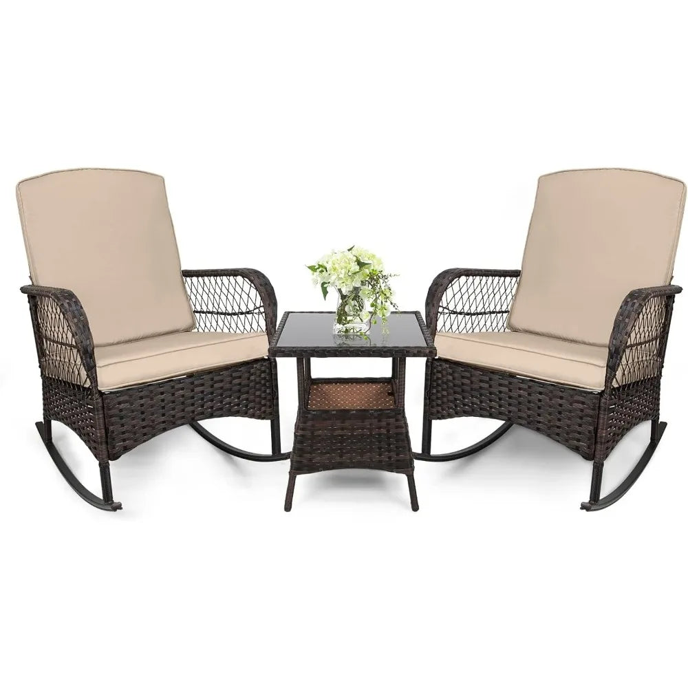 3 pcs Rocking Bistro Set Conversation Chairs PE Wicker Outdoor Rocking Chairs & Glass Table,for Porch Lawn Garden Backyard Deck