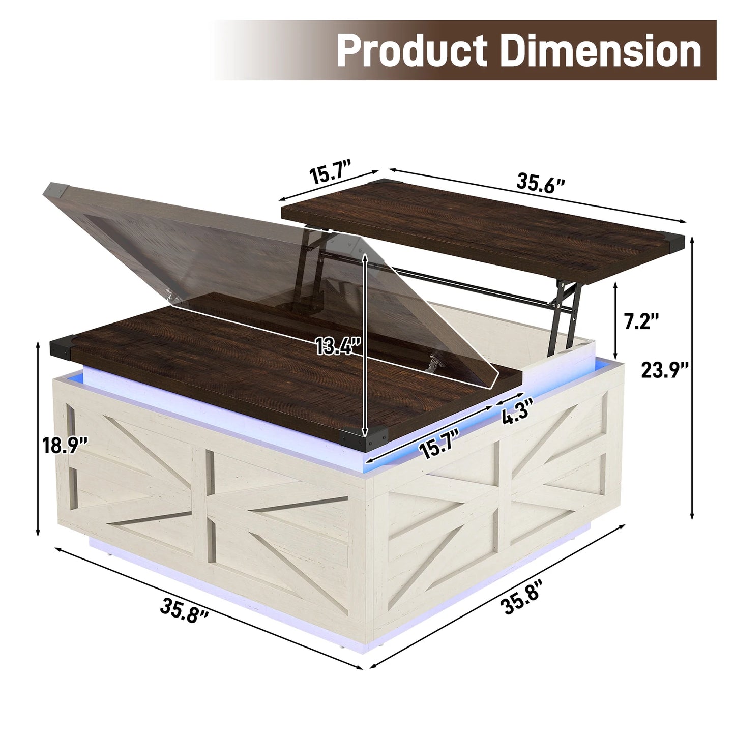 35.8" Farmhouse Lift Top Coffee Table with Storage, Square Coffee Table with LED Lights, Wood Center Table with Hidden Storage